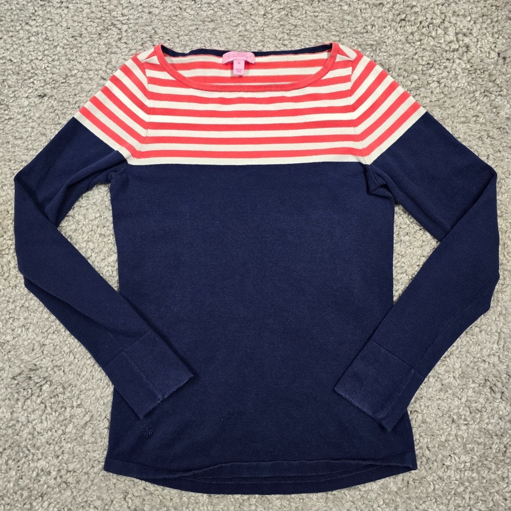 Lilly‎ Pulitzer Sweater Womens Medium Navy Blue Pink Striped Nautical Preppy